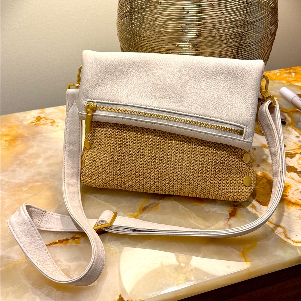 HAMMITT Nash Cream Leather with Gold Accents & Spanish Raffia Crossbody Bag.